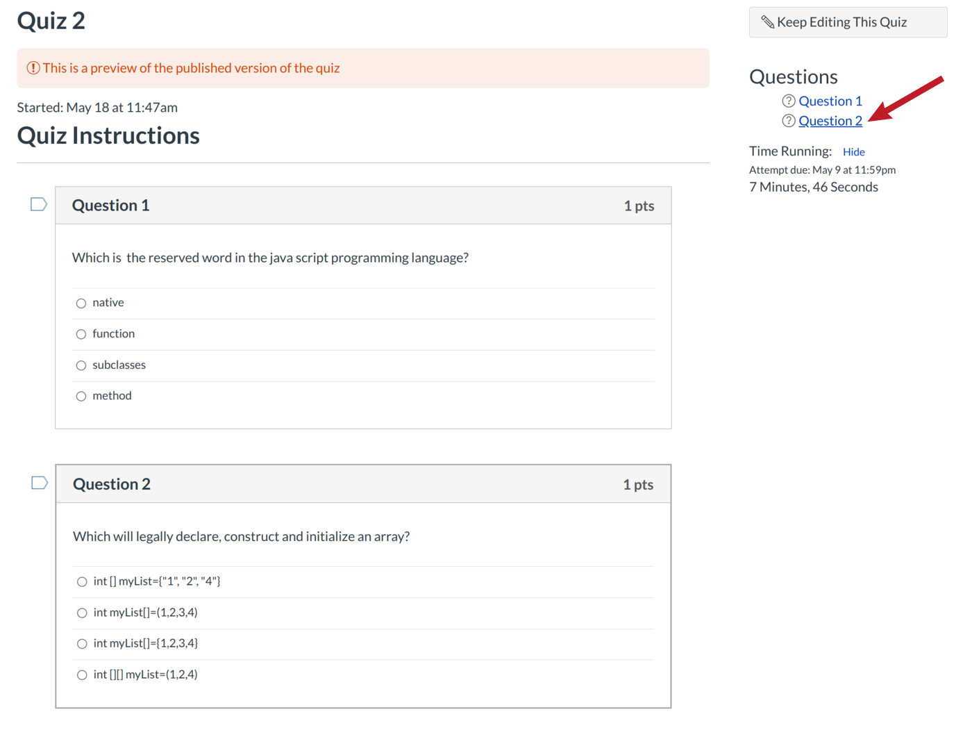 Navigate Questions in Sidebar