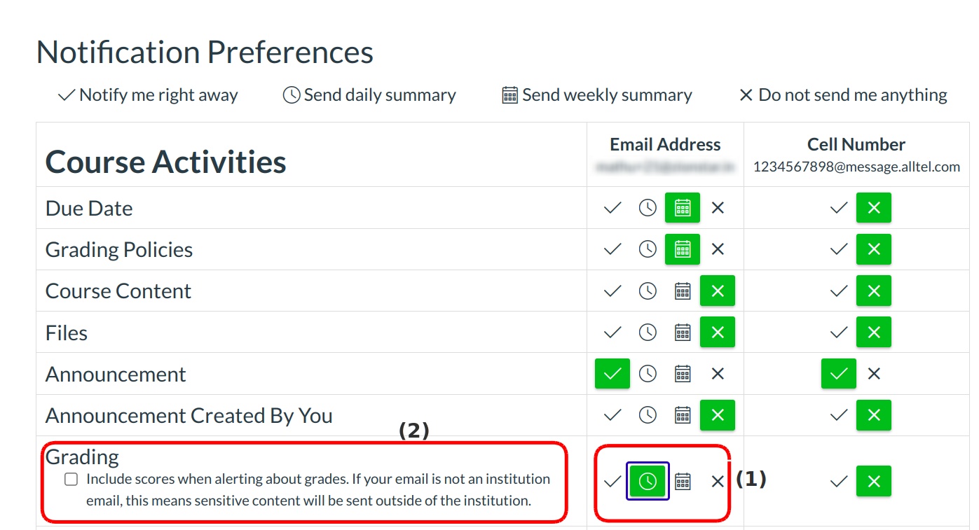 Edit Grading Notification Preferences